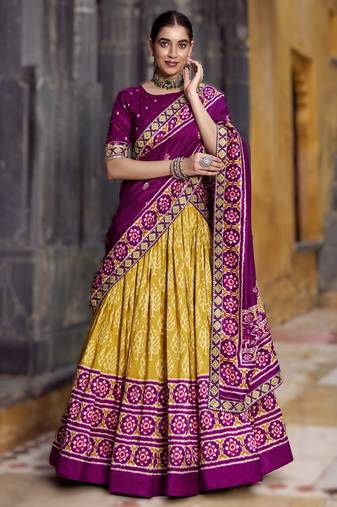 mustard Tasar Silk Ikkat Printed Lehenga Choli Set with Embroidered Blouse & Dupatta