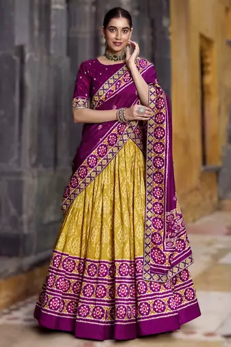 mustard Tasar Silk Ikkat Printed Lehenga Choli Set with Embroidered Blouse & Dupatta