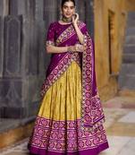 mustard Tasar Silk Ikkat Printed Lehenga Choli Set with Embroidered Blouse & Dupatta