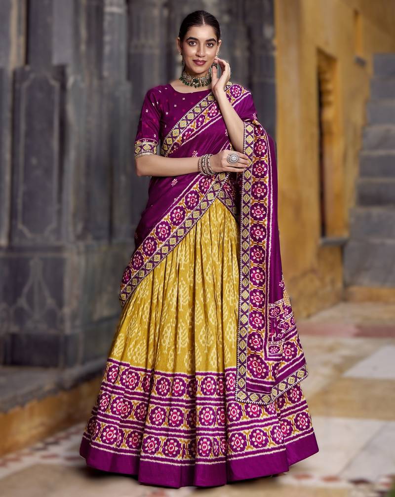 mustard Tasar Silk Ikkat Printed Lehenga Choli Set with Embroidered Blouse & Dupatta
