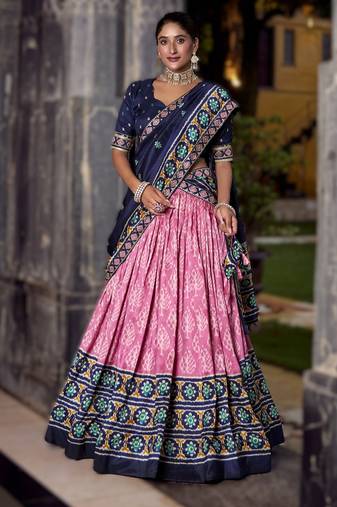 light-pink Tasar Silk Ikkat Printed Lehenga Choli Set with Embroidered Blouse & Dupatta