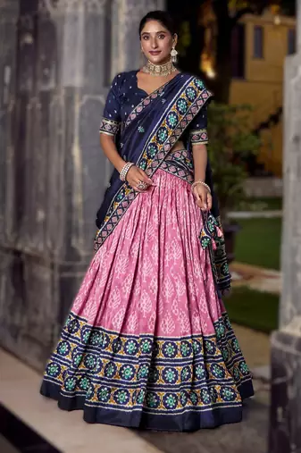 light-pink Tasar Silk Ikkat Printed Lehenga Choli Set with Embroidered Blouse & Dupatta