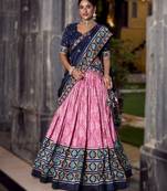 light-pink Tasar Silk Ikkat Printed Lehenga Choli Set with Embroidered Blouse & Dupatta