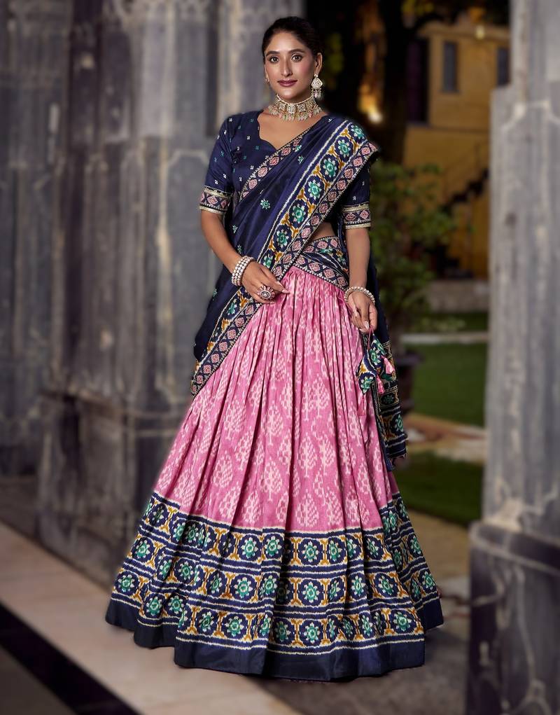 light-pink Tasar Silk Ikkat Printed Lehenga Choli Set with Embroidered Blouse & Dupatta