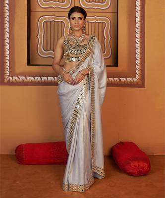 Golden blue embroidered satin saree 1