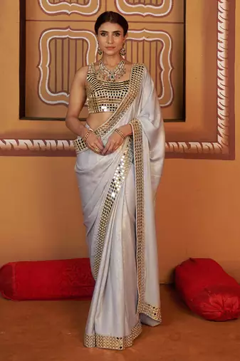 Golden blue embroidered satin saree