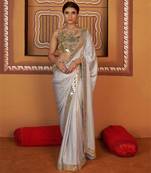 Golden blue embroidered satin saree