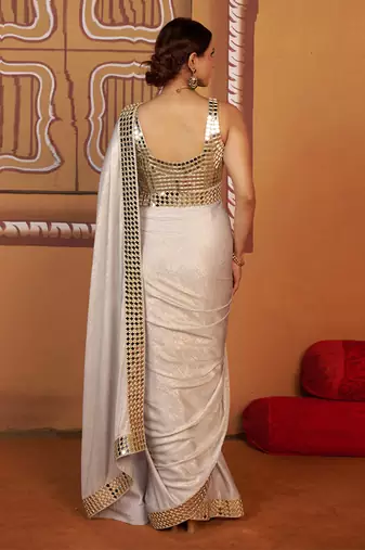 Golden blue embroidered satin saree