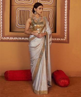 Golden blue embroidered satin saree 4