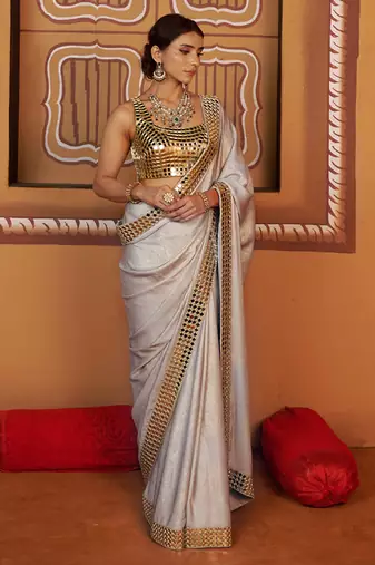 Golden blue embroidered satin saree