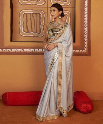 Golden blue embroidered satin saree 5