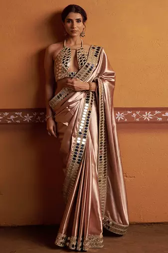 Pink embroidered satin saree