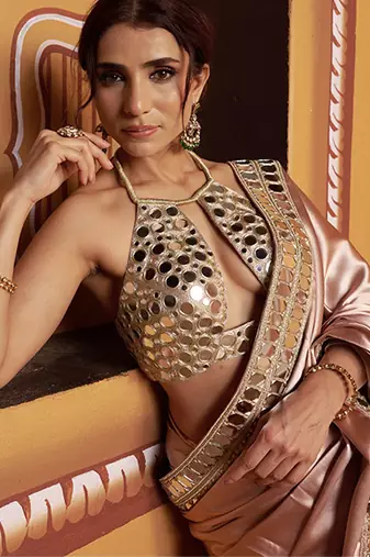 Pink embroidered satin saree