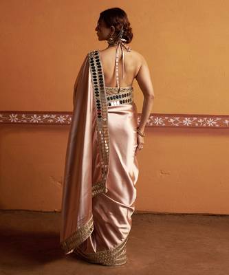 Pink embroidered satin saree 3