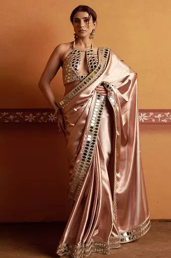 Pink embroidered satin saree