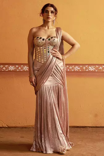 Pink embroidered satin saree