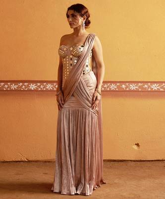 Pink embroidered satin saree 3