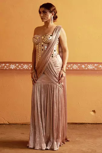 Pink embroidered satin saree