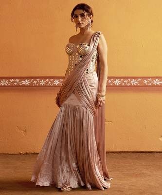 Pink embroidered satin saree 4