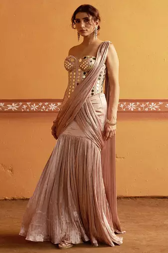 Pink embroidered satin saree