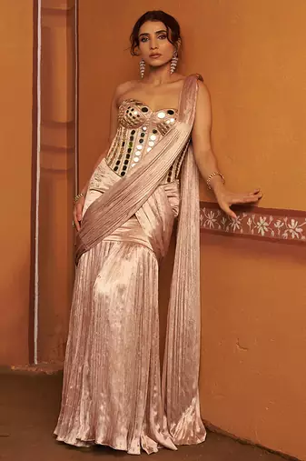 Pink embroidered satin saree