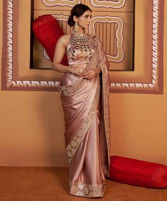 Pink embroidered satin saree 3