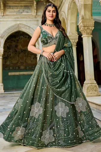 green beads work crush lehenga set choli with dupatta