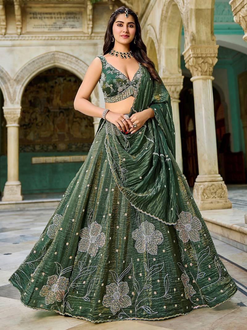 green beads work crush lehenga set choli with dupatta