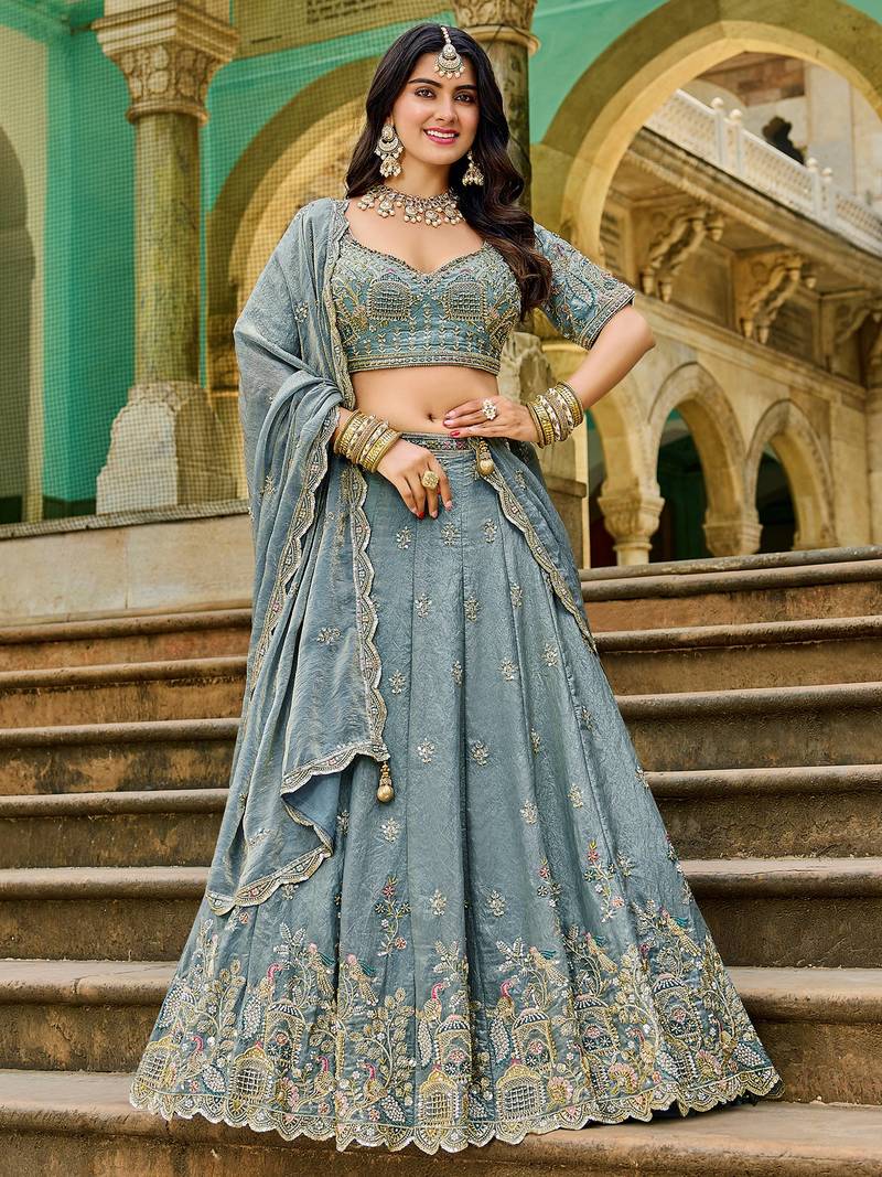  grey beads work crush lehenga set choli with dupatta
