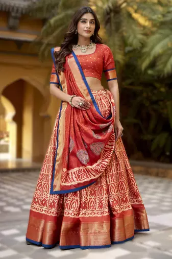 dark-orange Ready-Made Dola Silk Lehenga Choli with Batik Print & Zari Weaving 