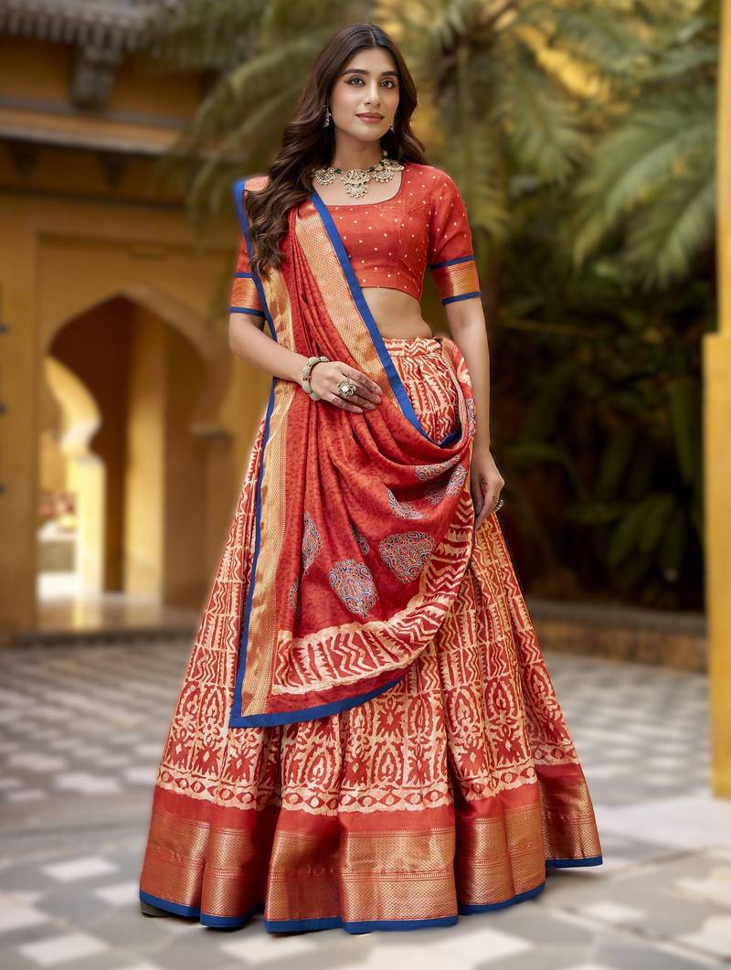 dark-orange Ready-Made Dola Silk Lehenga Choli with Batik Print & Zari Weaving 