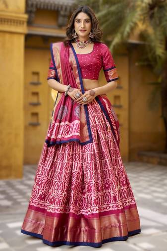 rani-pink Ready-Made Dola Silk Lehenga Choli with Batik Print & Zari Weaving 