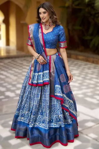 navy-blueReady-Made Dola Silk Lehenga Choli with Batik Print & Zari Weaving 