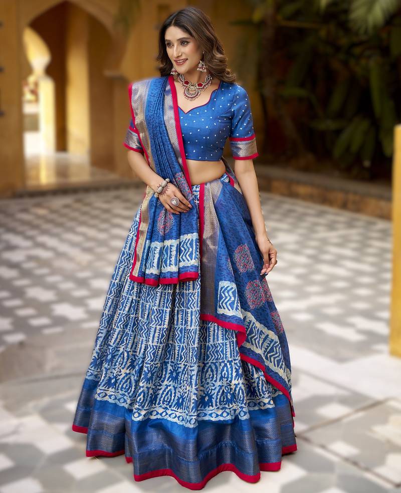 navy-blueReady-Made Dola Silk Lehenga Choli with Batik Print & Zari Weaving 