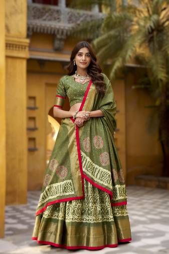 mehendi  Ready-Made Dola Silk Lehenga Choli with Batik Print & Zari Weaving 