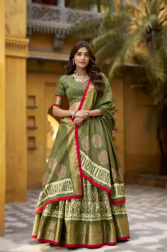 mehendi  Ready-Made Dola Silk Lehenga Choli with Batik Print & Zari Weaving 