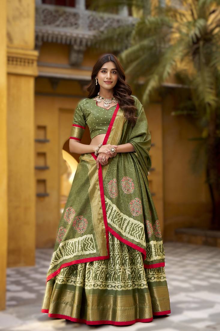 mehendi  Ready-Made Dola Silk Lehenga Choli with Batik Print & Zari Weaving 