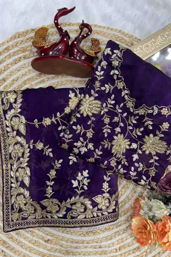 purple color sequence and zari embroidery work silk blend saree
