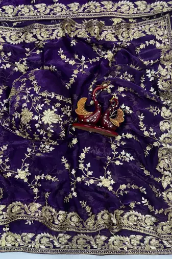 purple color sequence and zari embroidery work silk blend saree