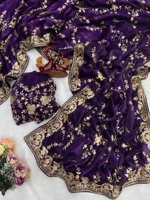 purple color sequence and zari embroidery work silk blend saree 4