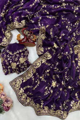 purple color sequence and zari embroidery work silk blend saree