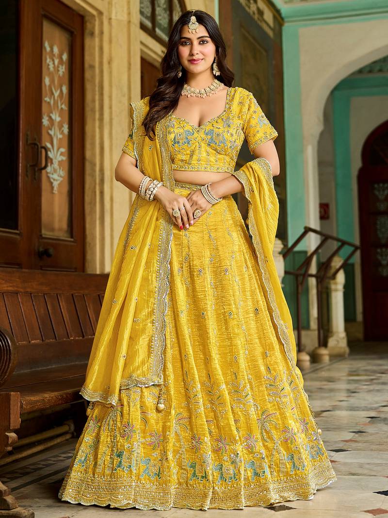 yellow embroidered crush lehenga set choli with dupatta