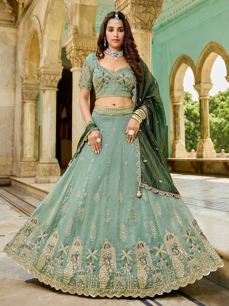 green embroidered crush lehenga set choli with dupatta