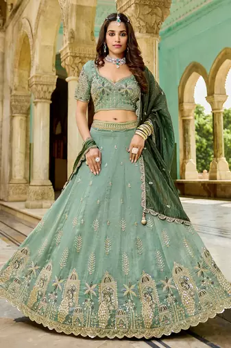 green embroidered crush lehenga set choli with dupatta