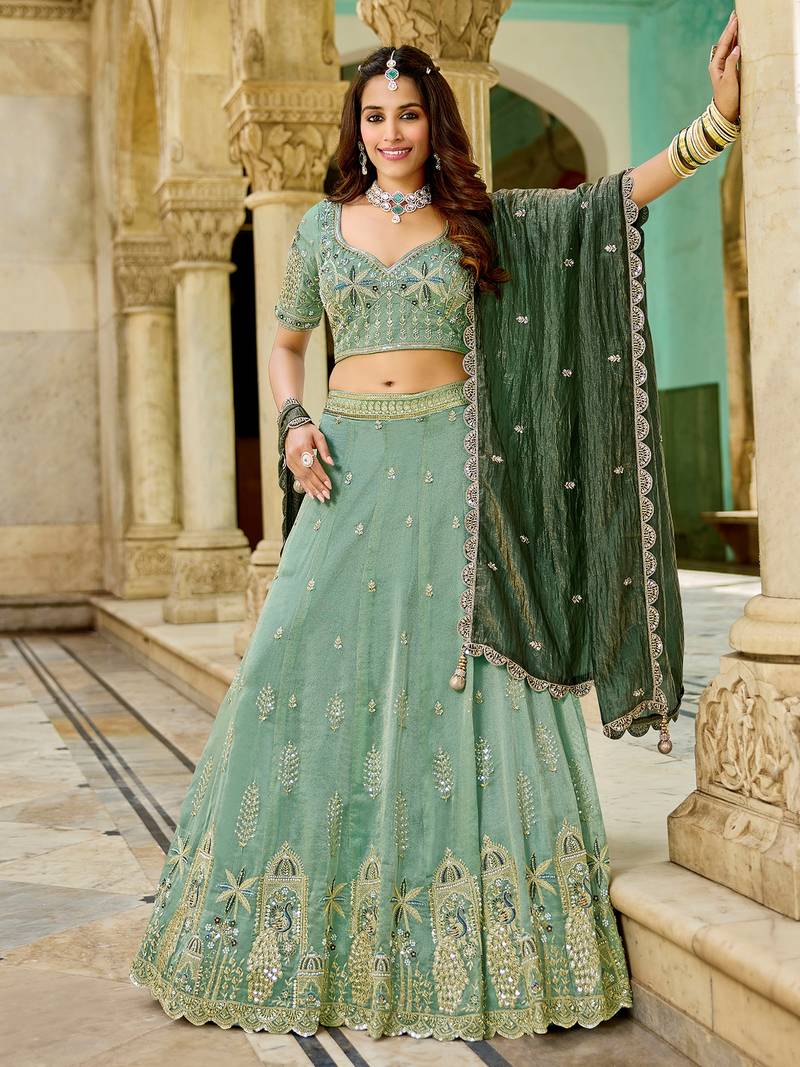 green embroidered crush lehenga set choli with dupatta