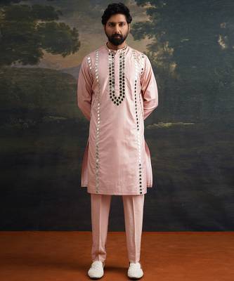 Pink embroidered pure silk kurta pajama 1