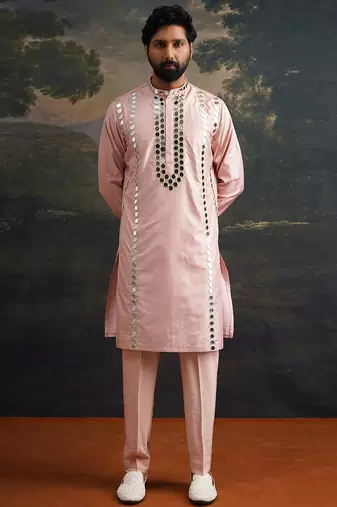 Pink embroidered pure silk kurta pajama