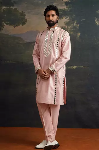 Pink embroidered pure silk kurta pajama