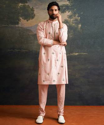 Pink embroidered pure silk kurta pajama 1