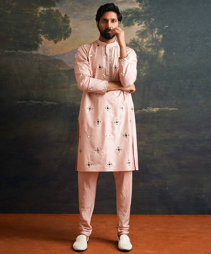 Pink embroidered pure silk kurta pajama